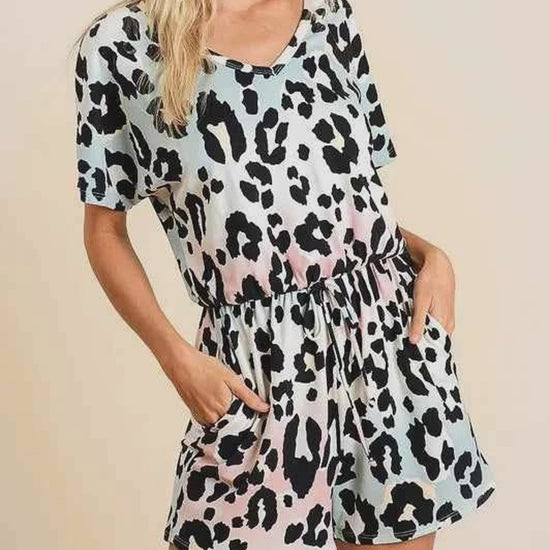 Gradation Leopard Soft Knit V-neck Romper