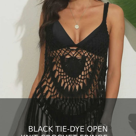 Black Tie-Dye Open Knit Crochet Fringe Beach Cover-Up – video