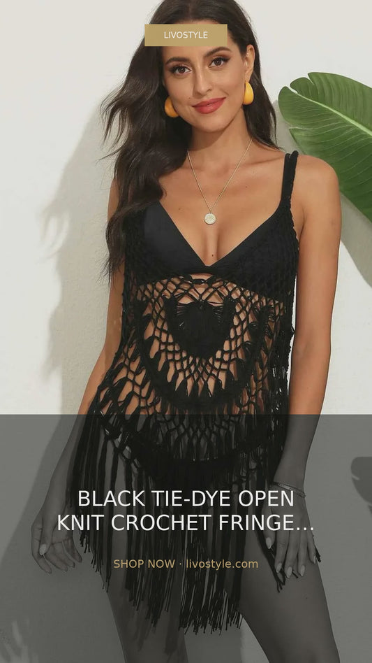Black Tie-Dye Open Knit Crochet Fringe Beach Cover-Up – video