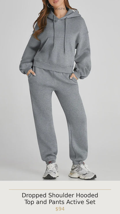 Dropped Shoulder Hooded Top and Pants Active Set