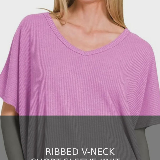 Ribbed V-Neck Short Sleeve Knit Top – Relaxed Fit – video