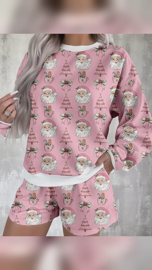 Christmas Santa Print Round Neck Top and Shorts Lounge Set – video