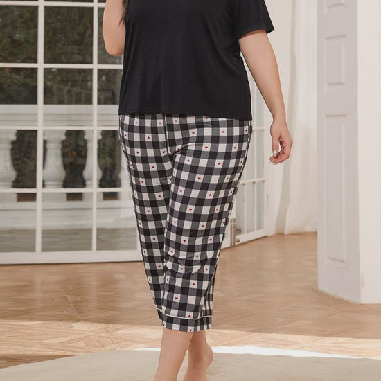 V-Neck Tee and Plaid Cropped Pants Lounge Set