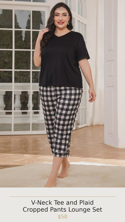 V-Neck Tee and Plaid Cropped Pants Lounge Set