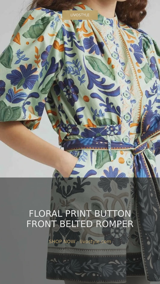 Floral Print Button Front Belted Romper with Puff Sleeves – video