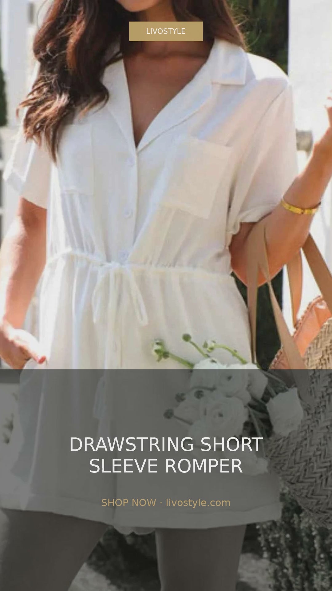 Drawstring Waist Collared Short Sleeve Cotton Romper – video
