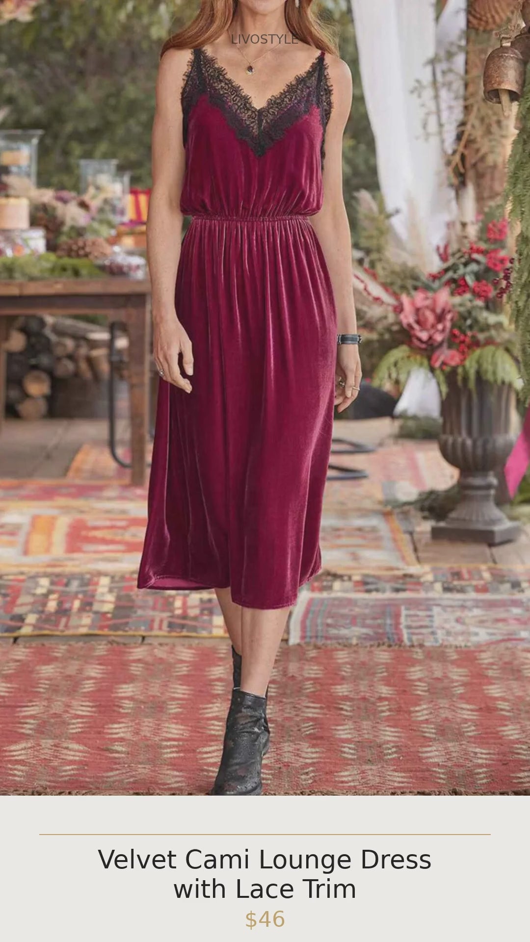 Velvet Cami Lounge Dress with Lace Trim