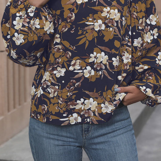 Floral Notched Balloon Sleeve Blouse