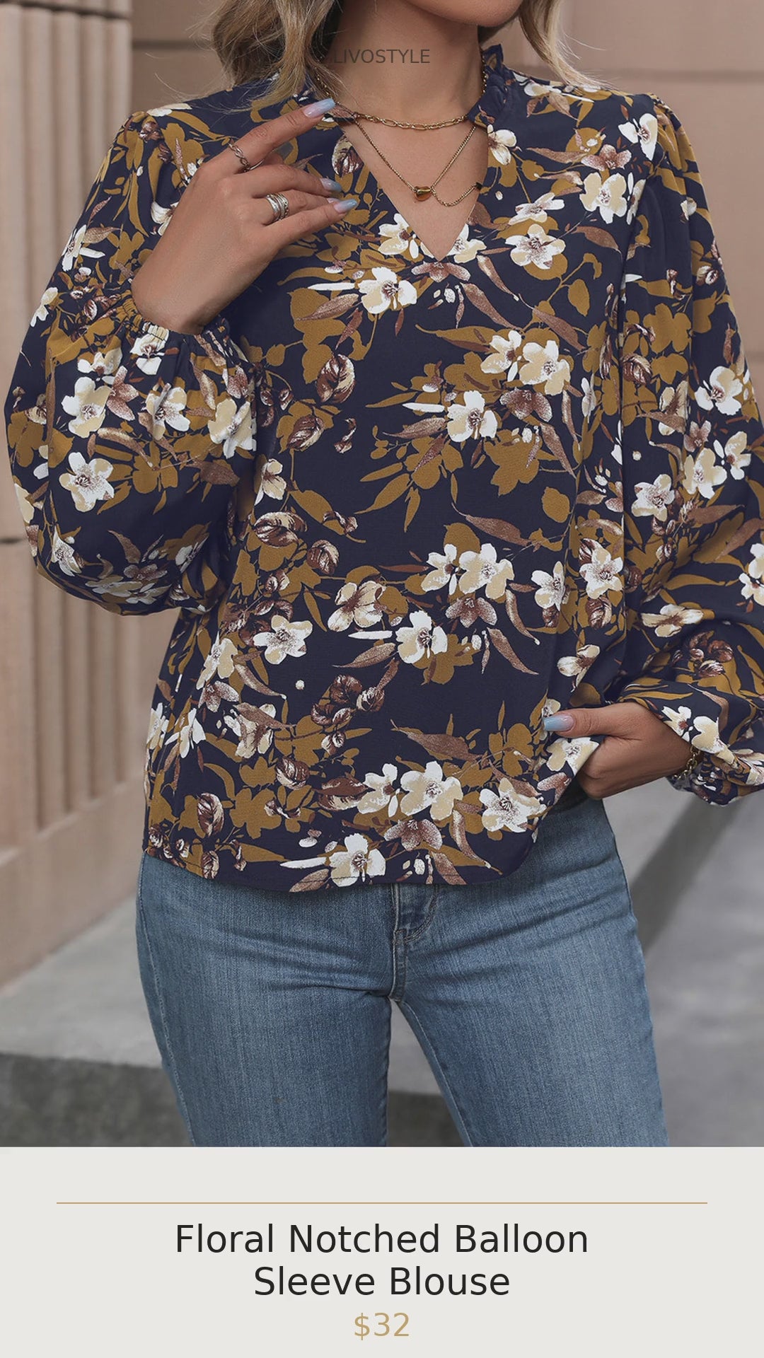 Floral Notched Balloon Sleeve Blouse