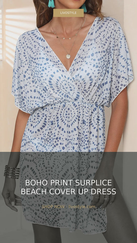 Boho Print Surplice V-Neck Beach Cover-Up Dress – video