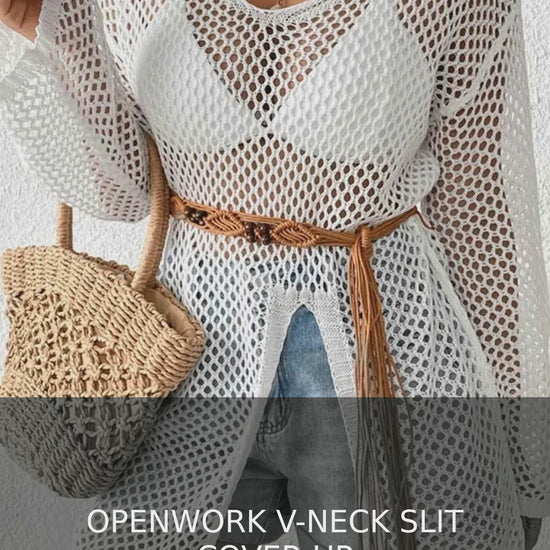 Openwork Knit V-Neck Cover-Up with Side Slit – video
