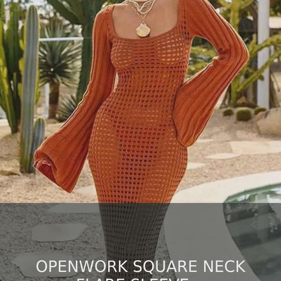 Openwork Square Neck Flare Sleeve Crochet-Style Midi Cover-Up Dress – video