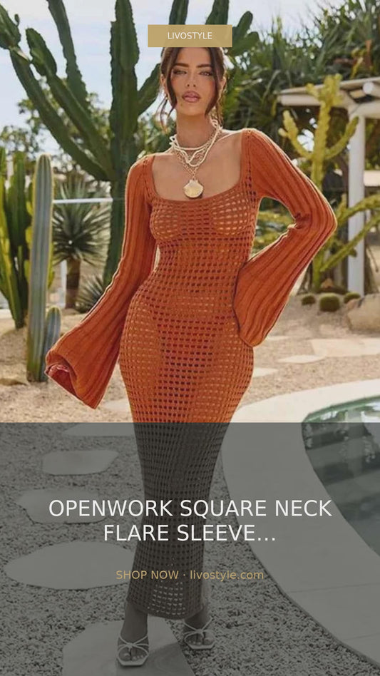 Openwork Square Neck Flare Sleeve Crochet-Style Midi Cover-Up Dress – video