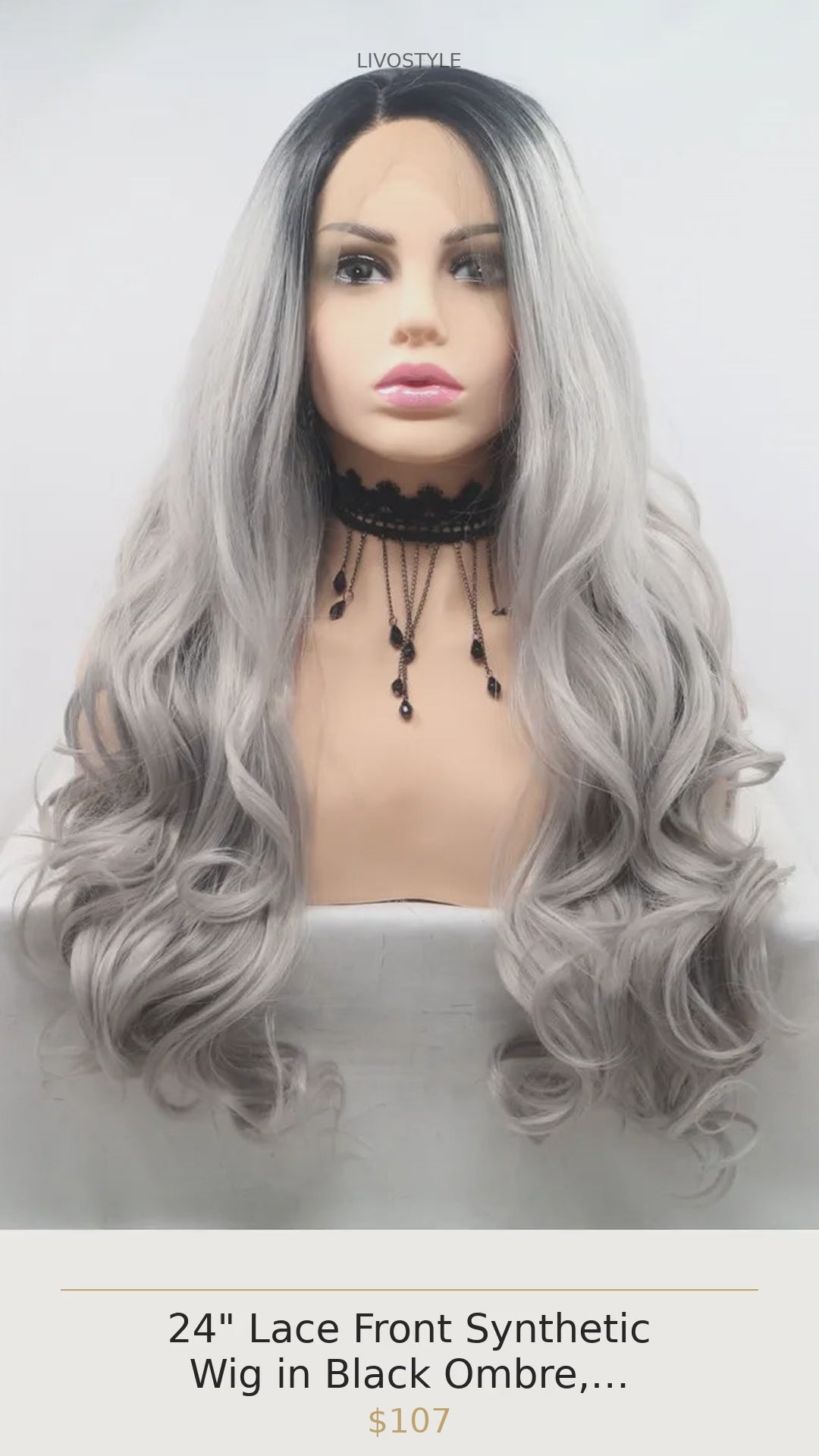 24" Lace Front Synthetic Wig in Black Ombre, Long Wavy