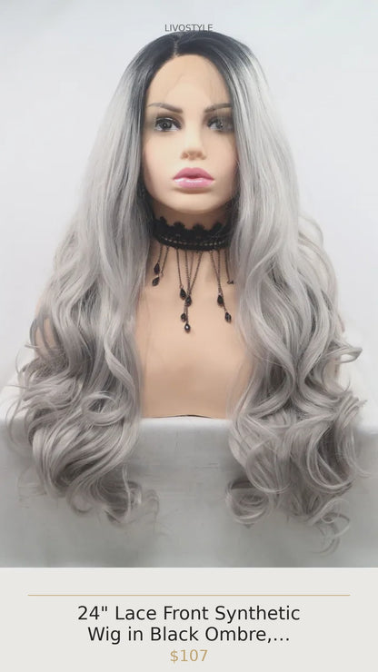 24" Lace Front Synthetic Wig in Black Ombre, Long Wavy