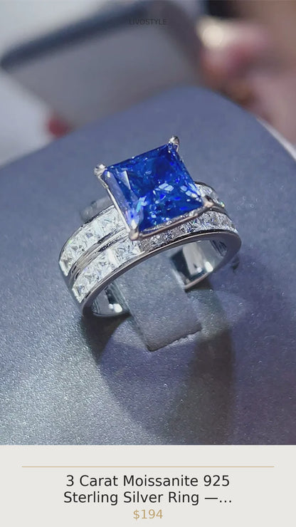 3 Carat Moissanite 925 Sterling Silver Ring — Square Blue Sapphire