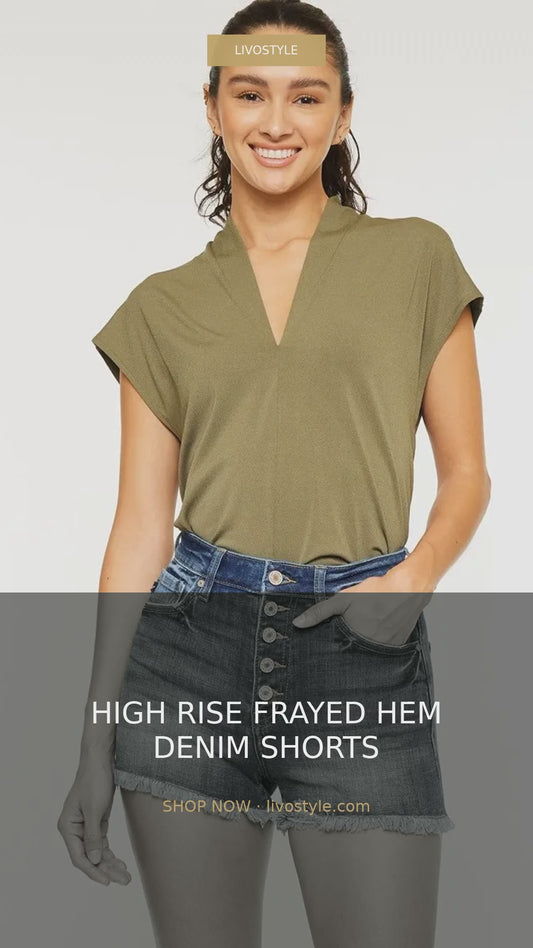High Rise Frayed Hem Denim Shorts with Button Front – video