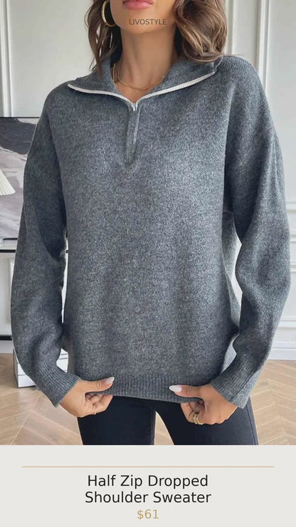 Half Zip Dropped Shoulder Sweater