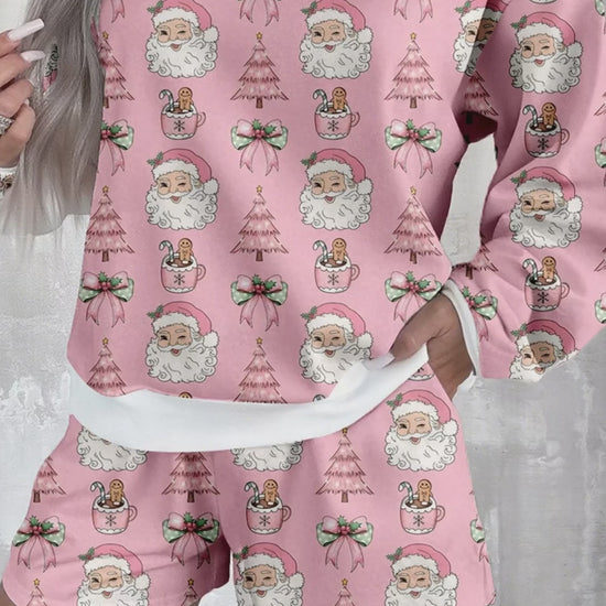 Christmas Santa Print Round Neck Top and Shorts Lounge Set