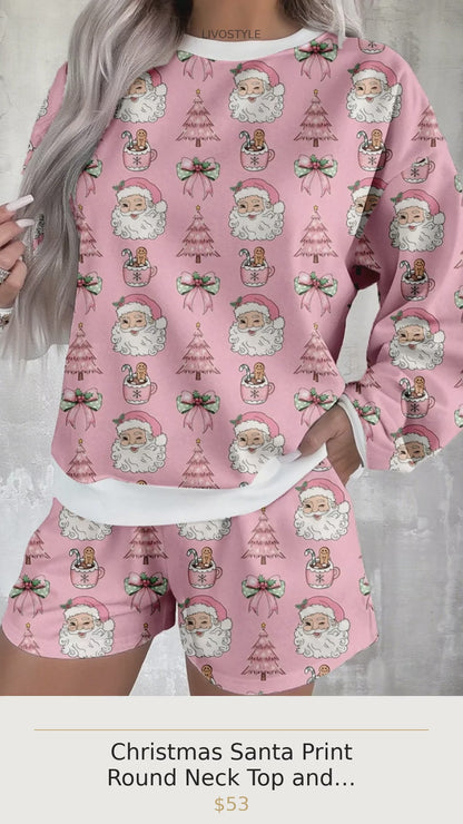 Christmas Santa Print Round Neck Top and Shorts Lounge Set