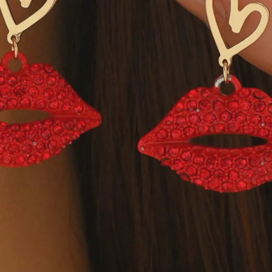 18K Gold-Plated Rhinestone Lips Heart Dangle Earrings