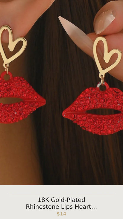 18K Gold-Plated Rhinestone Lips Heart Dangle Earrings