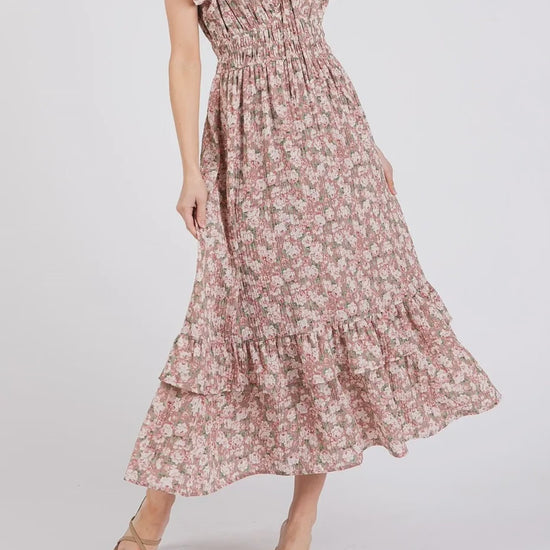 Flower Print Ruffle Cap Sleeve V-neck Midi Dress in Mauve