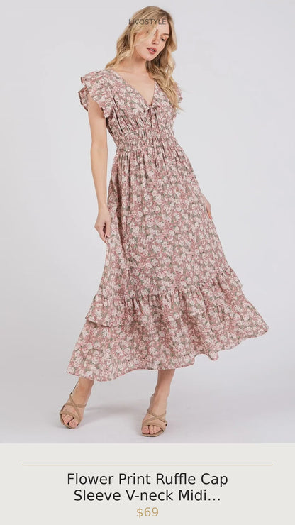 Flower Print Ruffle Cap Sleeve V-neck Midi Dress in Mauve
