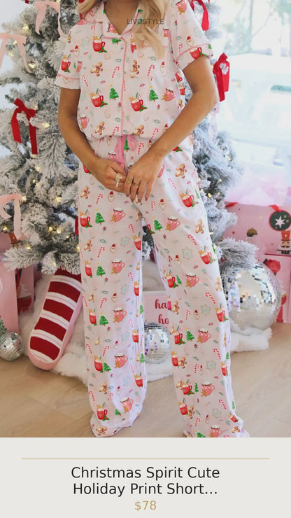 Christmas Spirit Cute Holiday Print Short Sleeve Shirt and Pants 2pcs