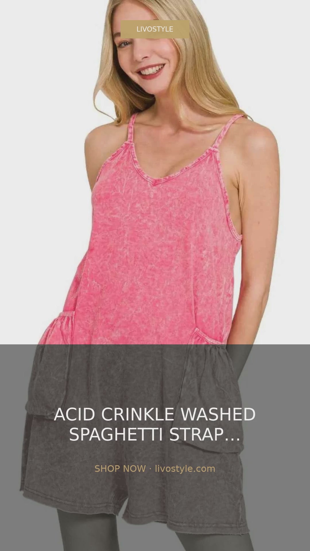 Acid Crinkle Washed Spaghetti Strap Romper – video