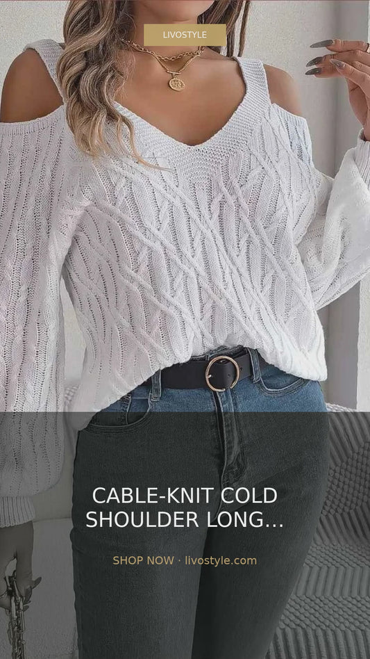 Cable-Knit Cold Shoulder V-Neck Long Sleeve Sweater – video