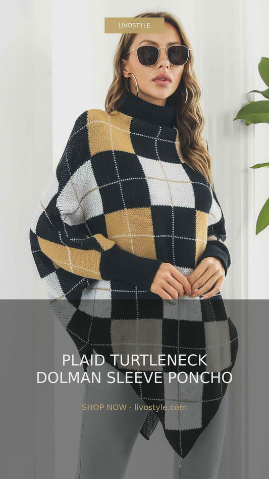 Plaid Turtleneck Dolman Sleeve Poncho Sweater – video