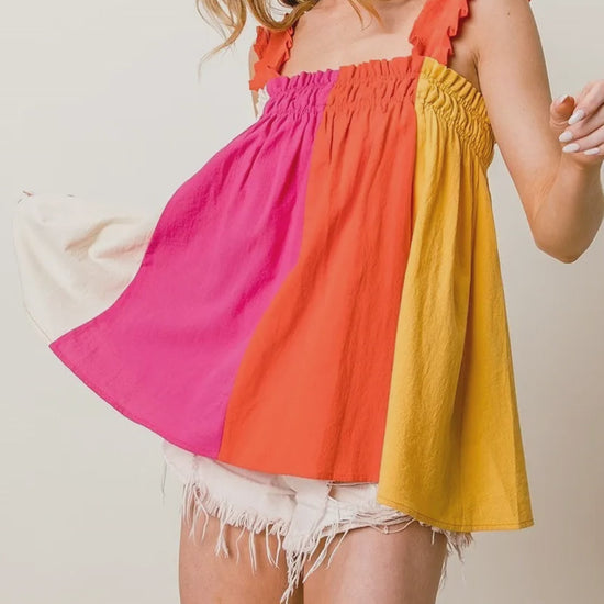 Chic Bodice Top with Frill Shoulder Straps & Color Block Design