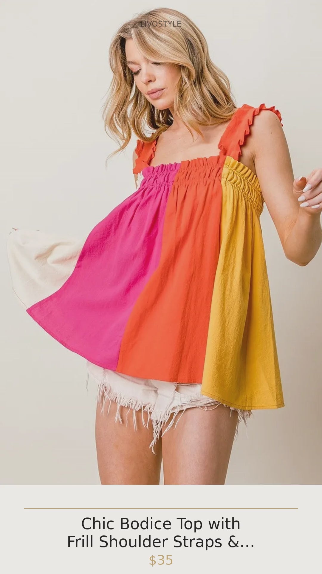 Chic Bodice Top with Frill Shoulder Straps & Color Block Design