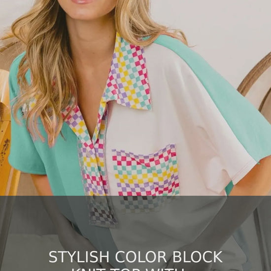 Color Block Knit Button-Up Top with Checker Contrast – video