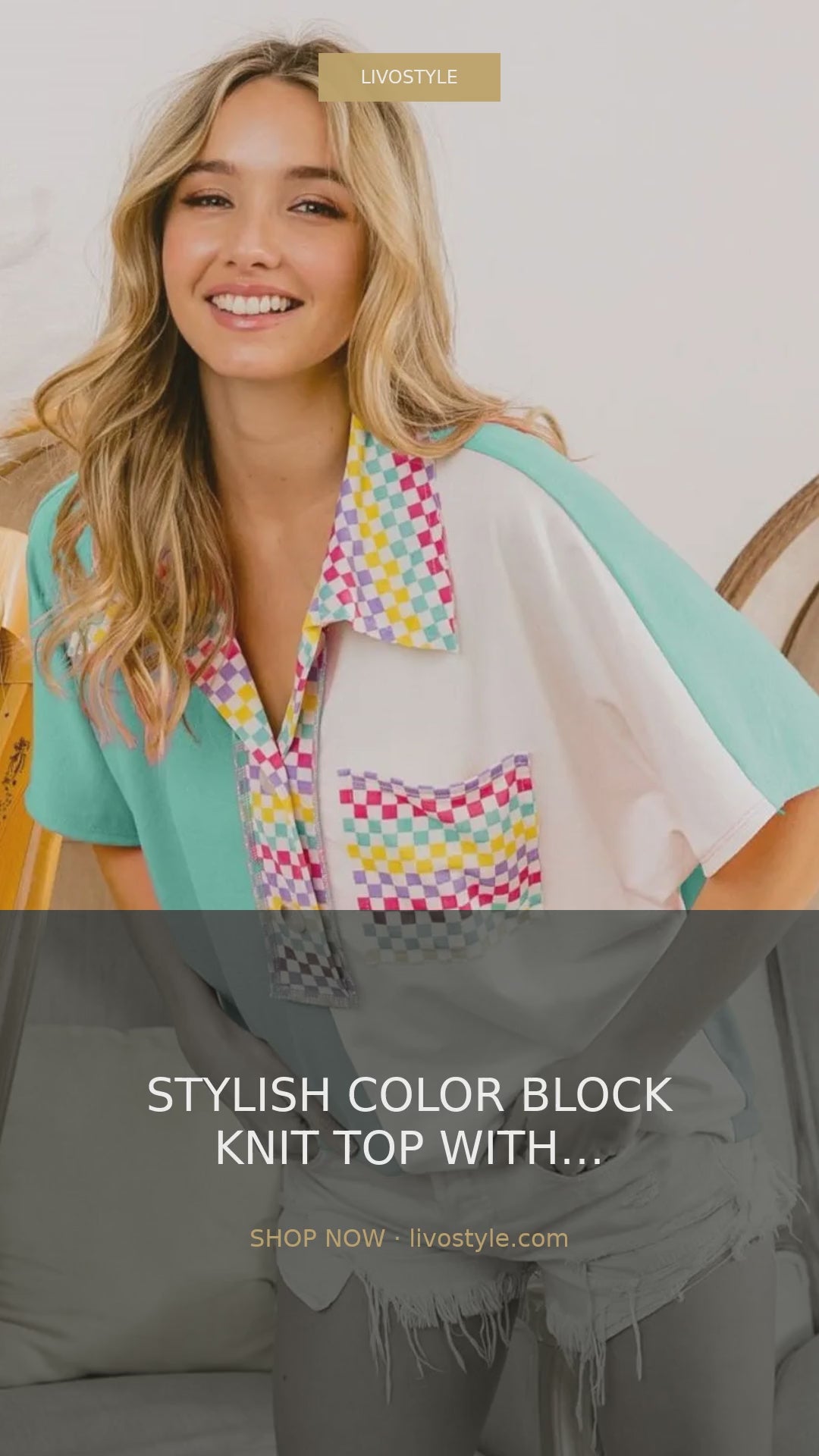 Color Block Knit Button-Up Top with Checker Contrast – video