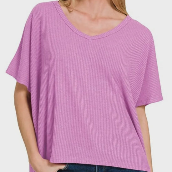 Ribbed V-Neck Short-Sleeve Knit Top