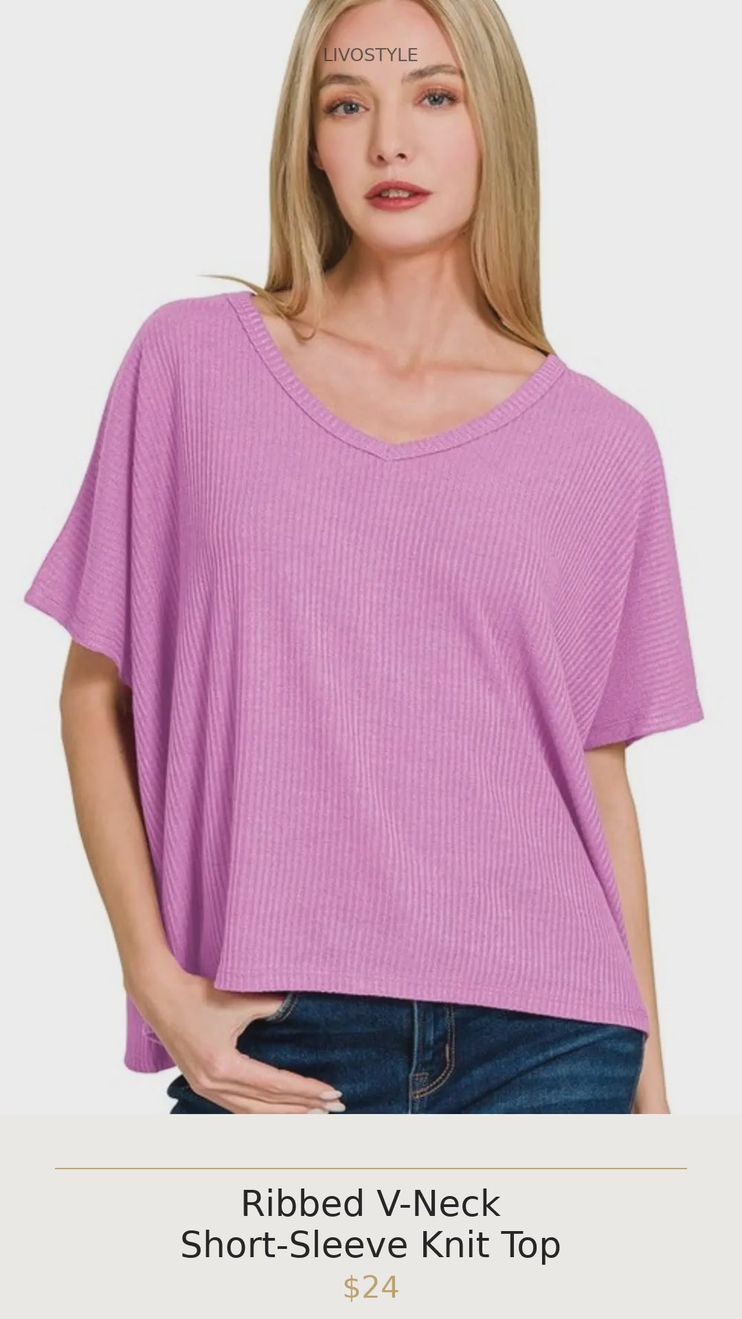 Ribbed V-Neck Short-Sleeve Knit Top