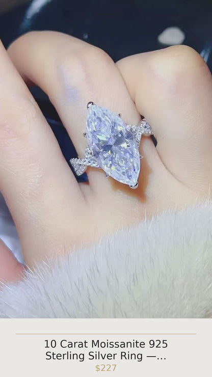 10 Carat Moissanite 925 Sterling Silver Ring — Marquise-Cut Pavé
