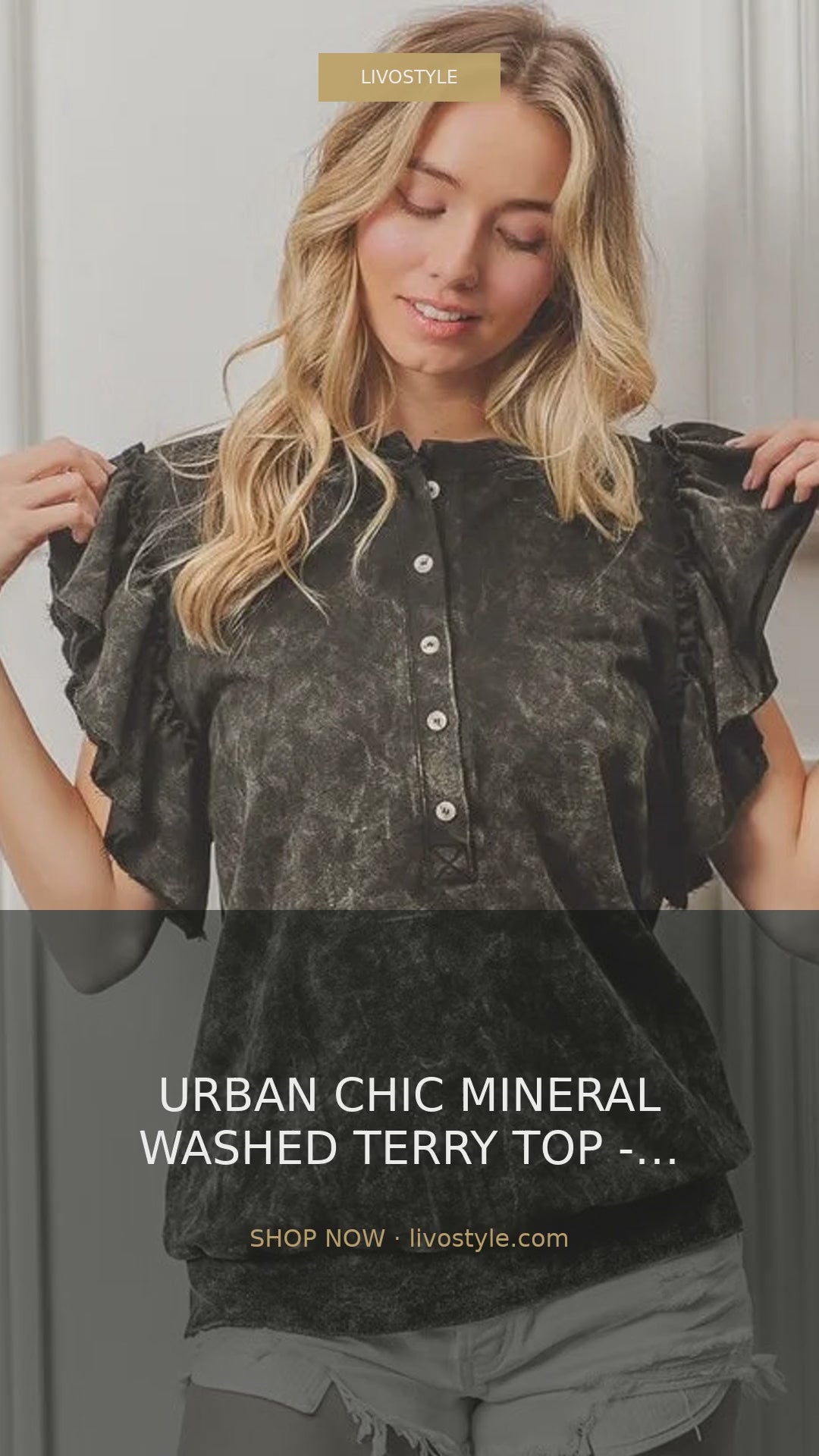 Mineral Washed Terry Button-Placket Top with Ruffle Sleeves – video