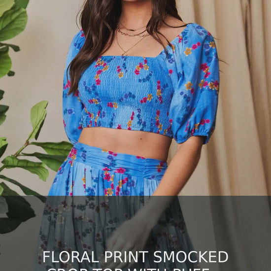 Floral Smocked Crop Top with Puff Sleeves – Ocean Blue – video