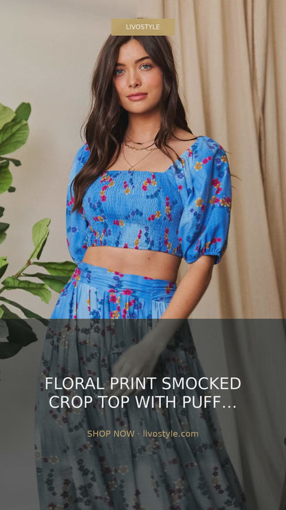 Floral Smocked Crop Top with Puff Sleeves – Ocean Blue – video