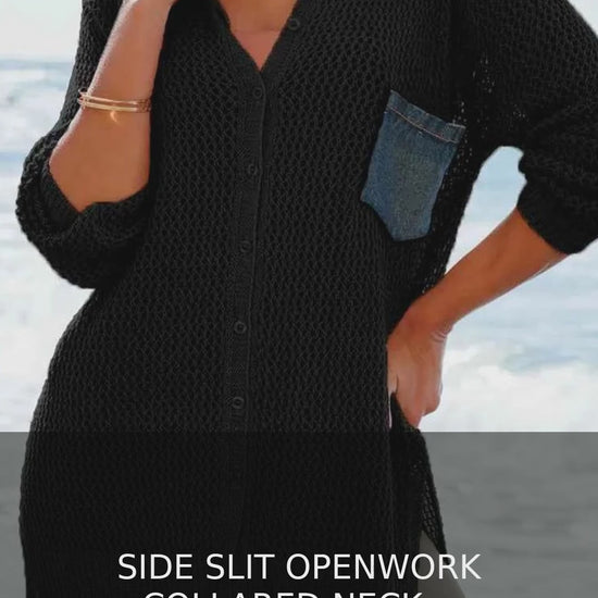 Side Slit Openwork Collared Neck 3/4 Sleeve Cover-Up – video