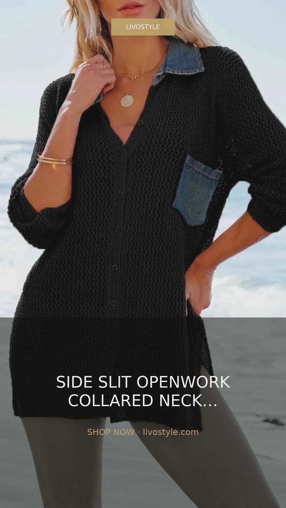 Side Slit Openwork Collared Neck 3/4 Sleeve Cover-Up – video