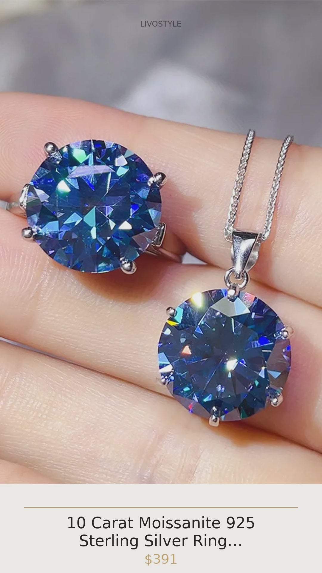 10 Carat Moissanite 925 Sterling Silver Ring and Necklace Set