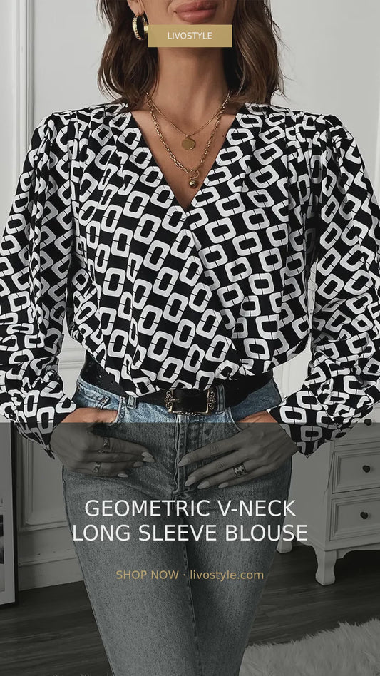 Geometric Print V-Neck Long Sleeve Blouse – video