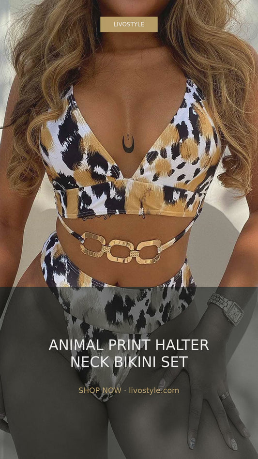 Animal Print Halter Neck Bikini Set with Gold Chain Detail – video