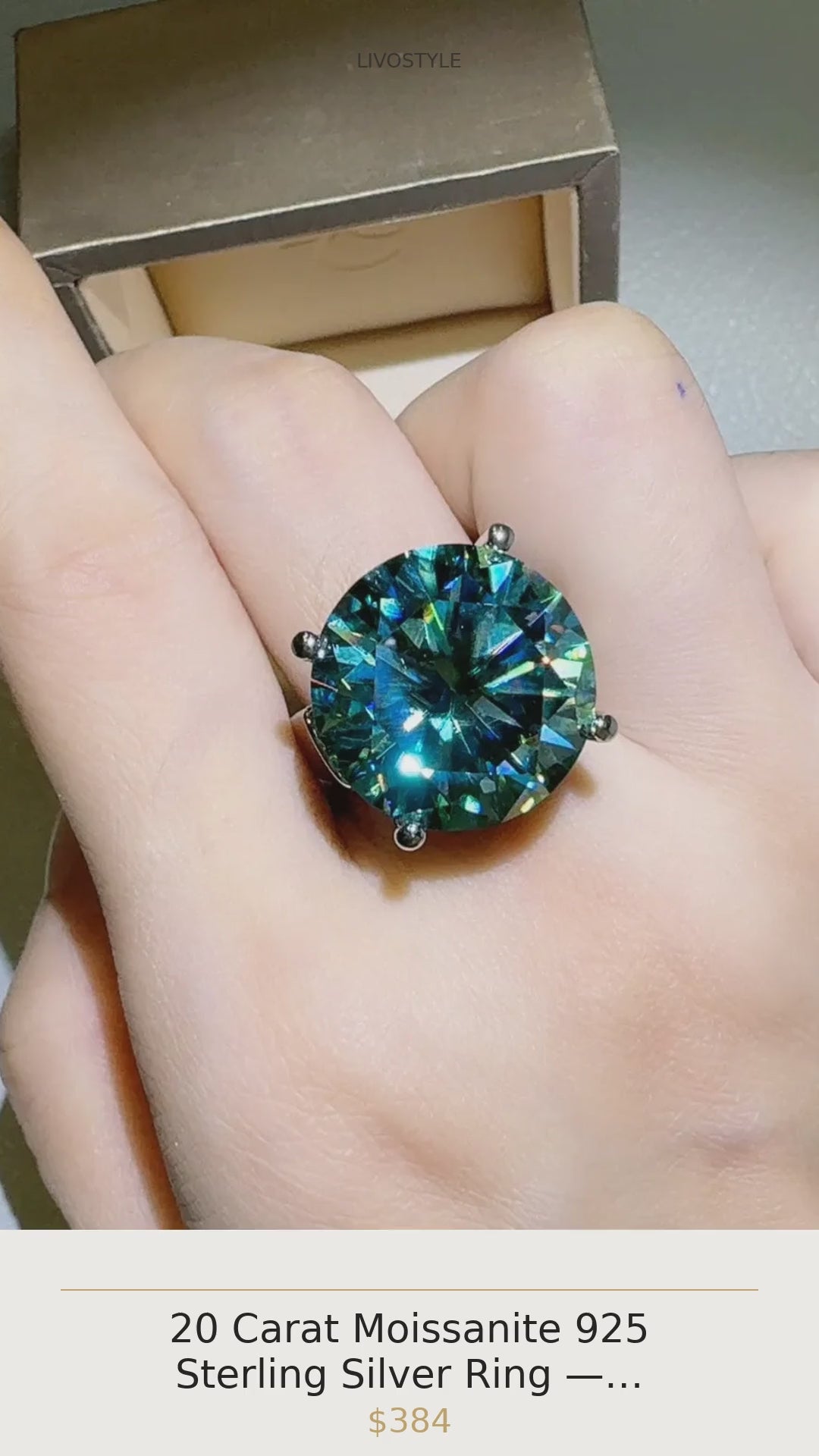 20 Carat Moissanite 925 Sterling Silver Ring — Round-Cut Teal