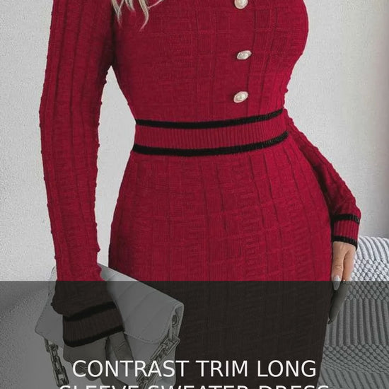 Contrast Trim Square Neck Long Sleeve Sweater Dress – video