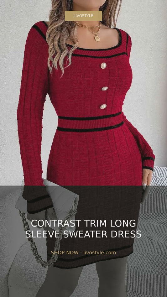 Contrast Trim Square Neck Long Sleeve Sweater Dress – video